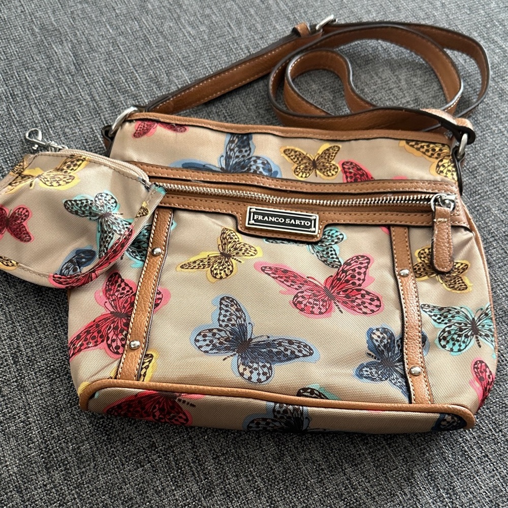 Franco Sarto Tan Crossbody Bag with Multicolor Butterflies